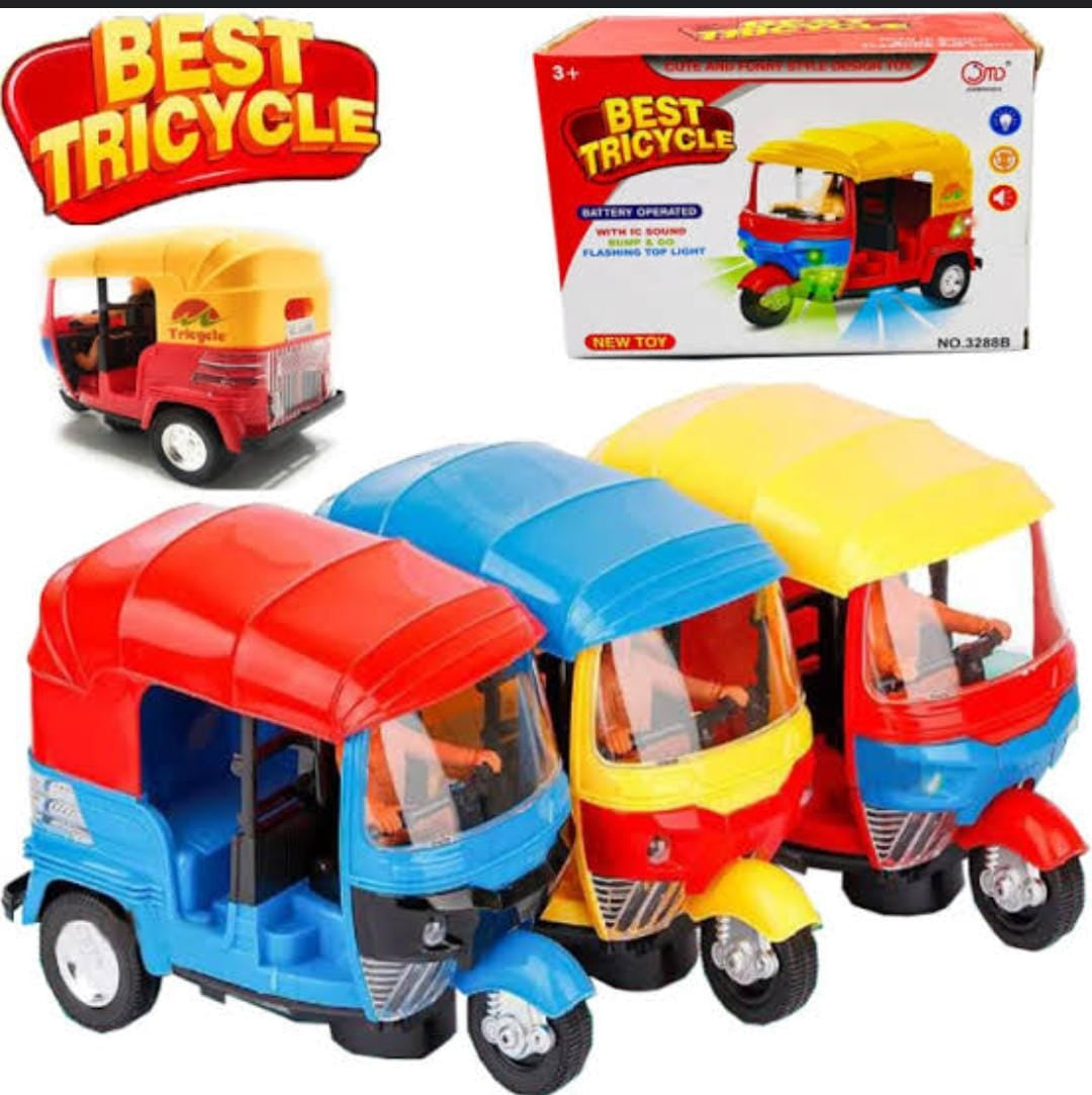 Best Tricycle Battery Operated Toy Rickshaw with Auto Motion Sensor Lights and Music For Kids