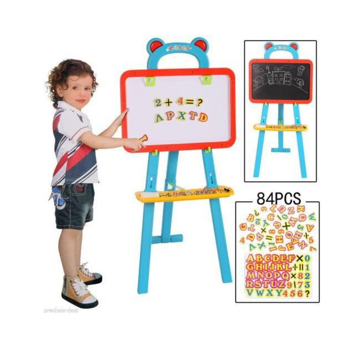 2-in-1 Magnetic Learning Easel for Kids – Double-Sided Whiteboard & Blackboard with 84 Letters & Numbers (Adjustable Height)