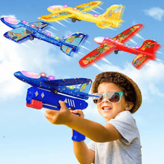 2-in-1 Foam Airplane Launcher Gun Toy – Catapult Gun Aircraft for Kids Ages 3+, Flying Glider Plane Toy with Light, Outdoor Fun Game for Boys & Girls