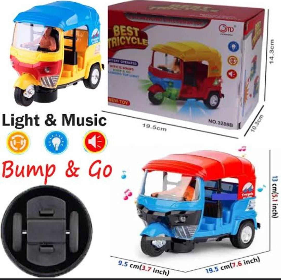 Best Tricycle Battery Operated Toy Rickshaw with Auto Motion Sensor Lights and Music For Kids