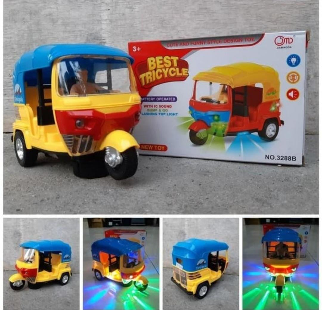 Automatic Turning Battery Rickshaw Toy – Lights, Music & Obstacle Sensor