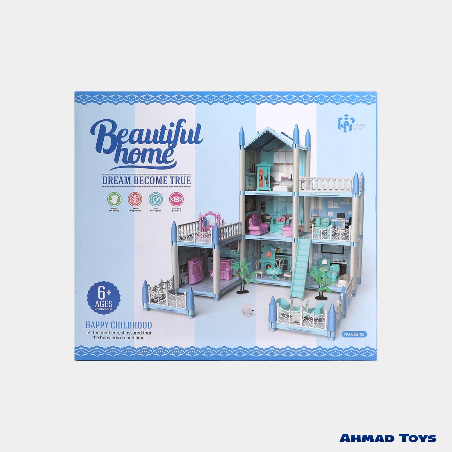 Luxury Pink & Sky Blue Dollhouse – 3-Story Playset with Dolls, Furniture & Accessories (Kids Pretend Villa)