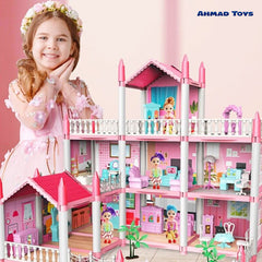Luxury Pink & Sky Blue Dollhouse – 3-Story Playset with Dolls, Furniture & Accessories (Kids Pretend Villa)
