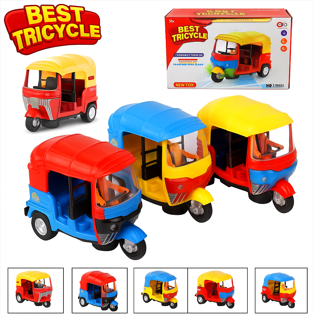 Best Tricycle Battery Operated Toy Rickshaw with Auto Motion Sensor Lights and Music For Kids