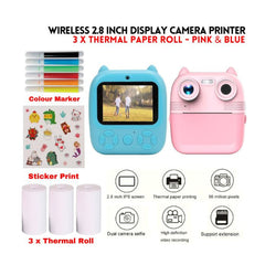 Wireless 2.8 Inch Display Camera Printer with 3x Thermal Paper Rolls – Pink & Blue (Kids Camera) | Ahmad Toys